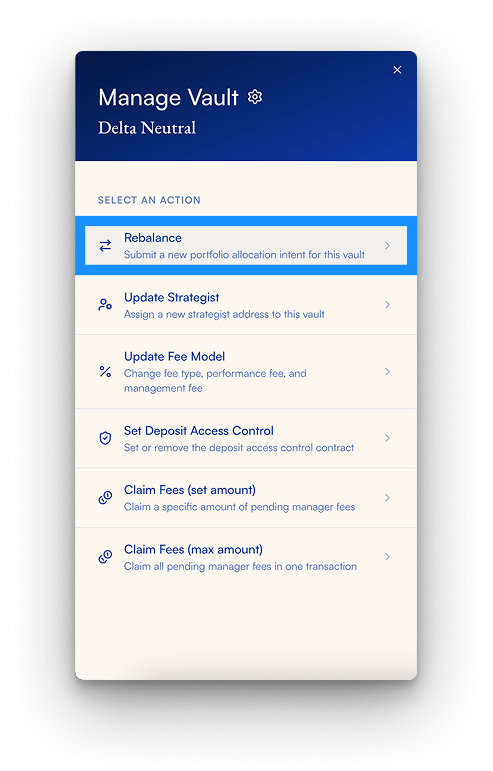 Select Rebalance in Manage Vault